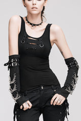 Black Burnt Out Hole Resin Spike Metal Ring Sleeveless Women's Punk Vest - Black - 1