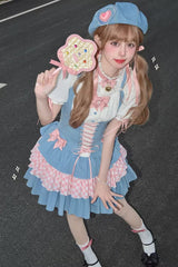 Blue/Pink [Rock Ballet] Printed Triple-Layered Ruffled Bow Lace-Up Sweet Lolita Jsk Dress - Product - 6