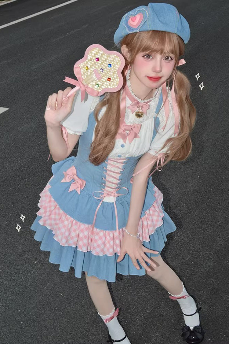 Blue/Pink [Rock Ballet] Printed Triple-Layered Ruffled Bow Lace-Up Sweet Lolita Jsk Dress - Product - 6