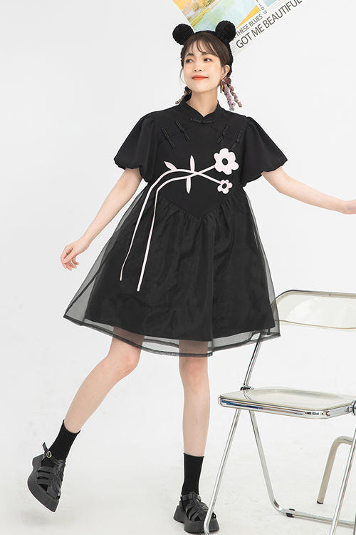 Black Stand Collar Lantern Short Sleeves Floral Print Organza Panel Sweet Lolita Dress - Product - 5