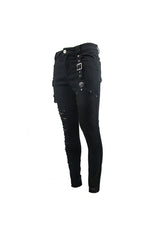 Black Asymmetric Broken Hole Glued Suede Rivet Men's Punk Pants - Product - 6