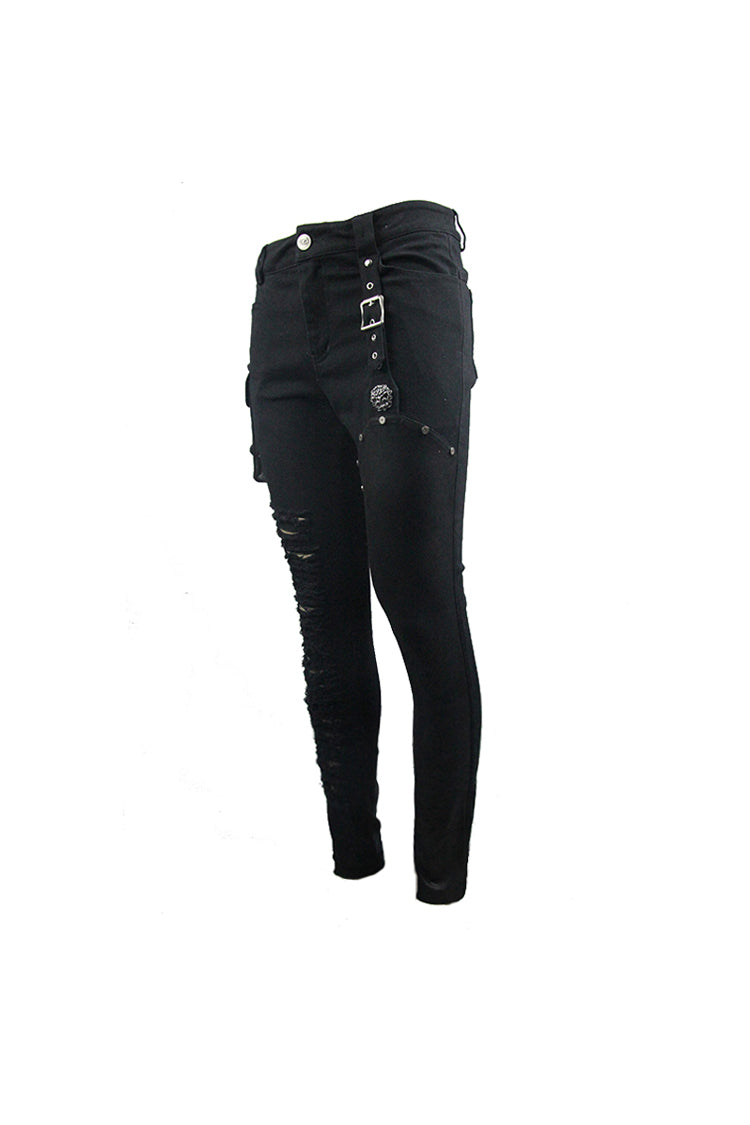 Black Asymmetric Broken Hole Glued Suede Rivet Men's Punk Pants - Product - 6