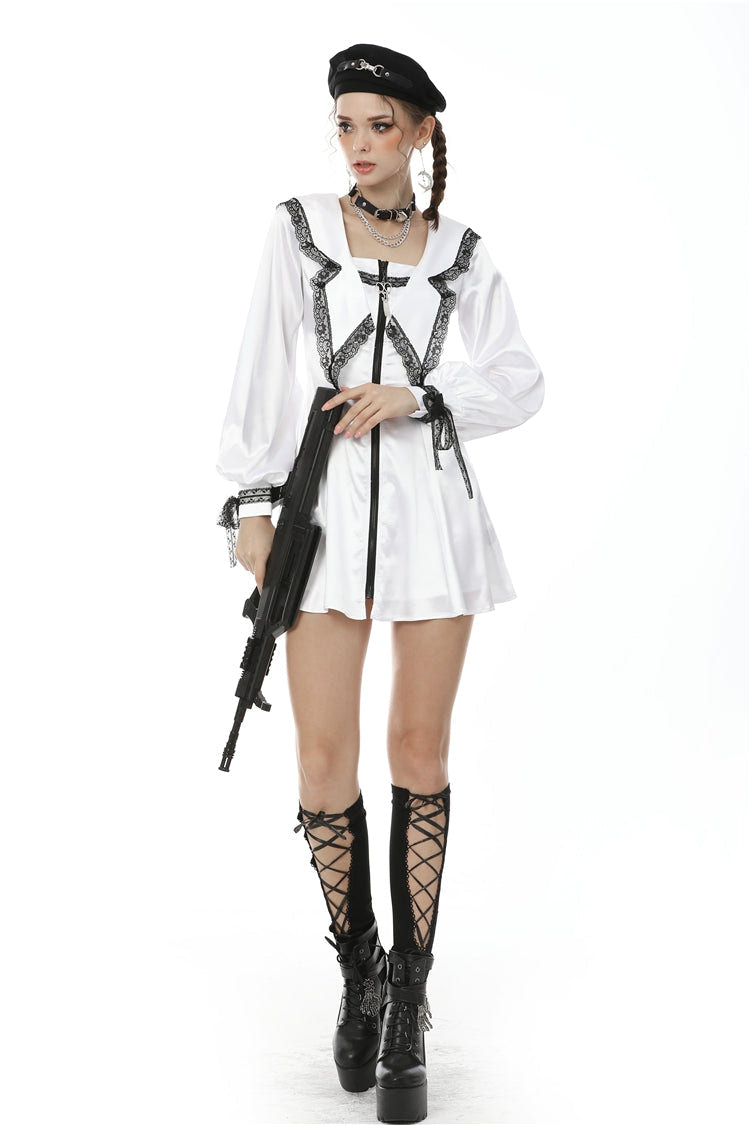 White Lapel Collar Long Sleeves Lace Lace-Up Zippered Women's Asceticism Dark JK Dress - Product - 9