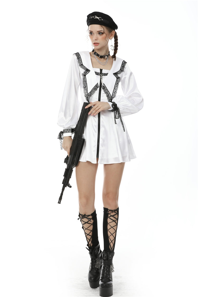 White Lapel Collar Long Sleeves Lace Lace-Up Zippered Women's Asceticism Dark JK Dress - Product - 9