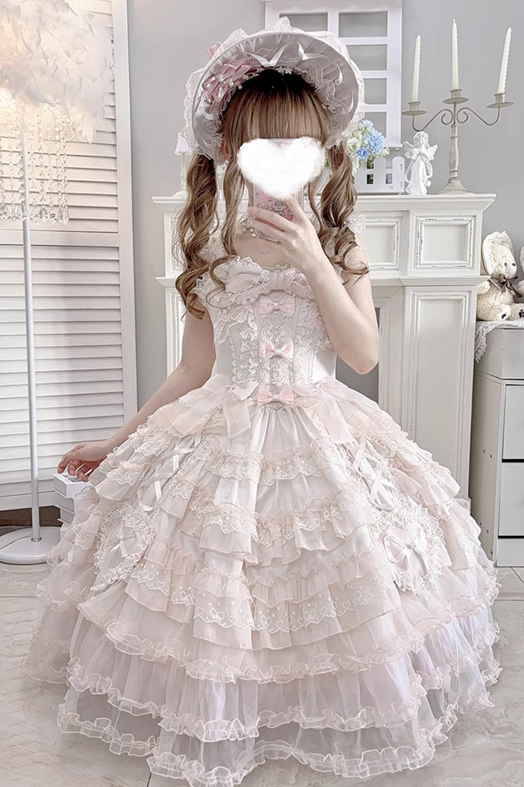 Pink [Sweetheart Diary] Multi-Layered Ruffle Hanayome Embroidery Bowknot Lace Sweet Lolita Jsk Dress - Product - 14