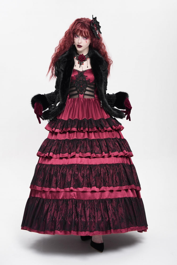 Black Long Sleeves Rose Floral Embroidery Buckle Straps Women's Gothic Coat - Product - 4