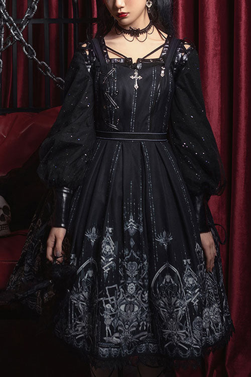Dark Black Eye Of Red Heart Print Square Collar Cross High Waisted Gothic Lolita Jsk Dress - Black - 1
