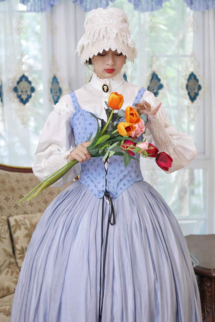 Light Blue [Bashu Girl] Long Puff Sleeves Print Lace-Up Fishbone Corset Sweet Lolita Skirt Dress Three-Piece Set - Product - 10