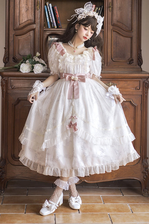White Lace Ruffled Round Collar Short Sleeves Long Hanayome Sweet Lolita Dress - Product - 3