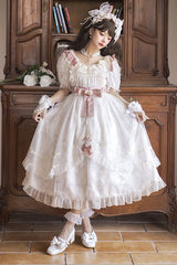 White Lace Ruffled Round Collar Short Sleeves Long Hanayome Sweet Lolita Dress - Product - 3
