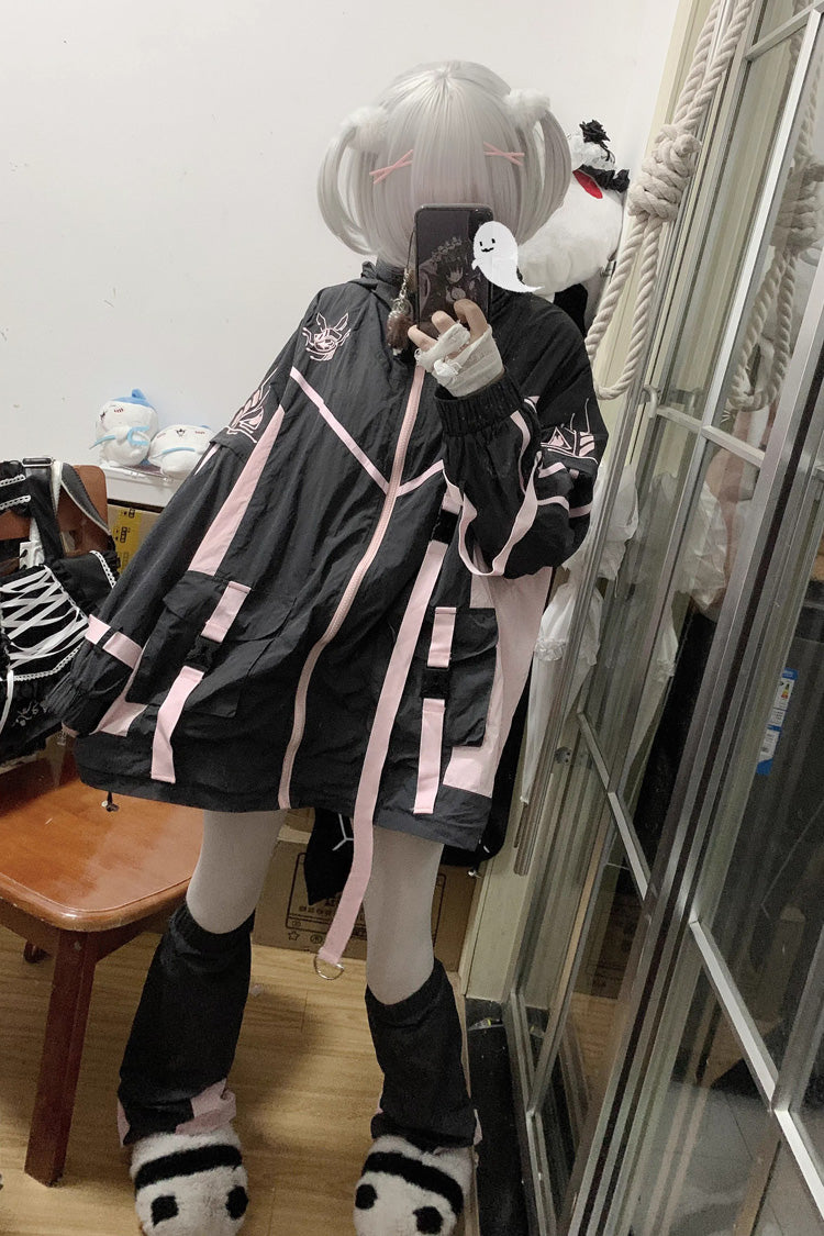 Black/Pink Chip Hacker Cyberpunk Functional Print Hooded Jirai Kei Japanese Sports Coat - Product - 3