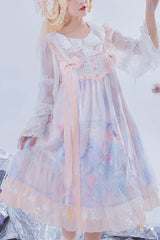 Light Blue Violin Cat Print Bowknot High Waisted Multi-Layer Ruffled Sweet Lolita Jsk Dress - Blue - 1