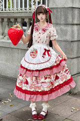 Red [Bear Strawberry Ode] Print Short Sleeves Double-Layered Ruffle Bowknot Sweet Princess Lolita Jsk Dress - Red - 1