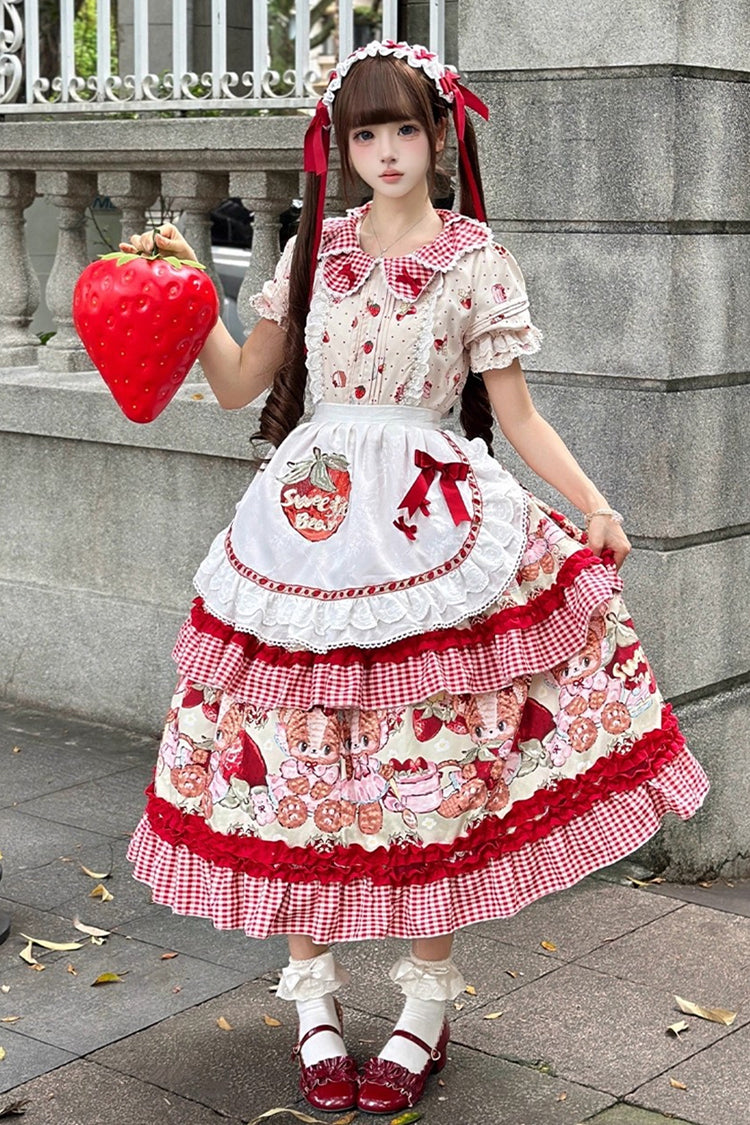 Red [Bear Strawberry Ode] Print Short Sleeves Double-Layered Ruffle Bowknot Sweet Princess Lolita Jsk Dress - Red - 1