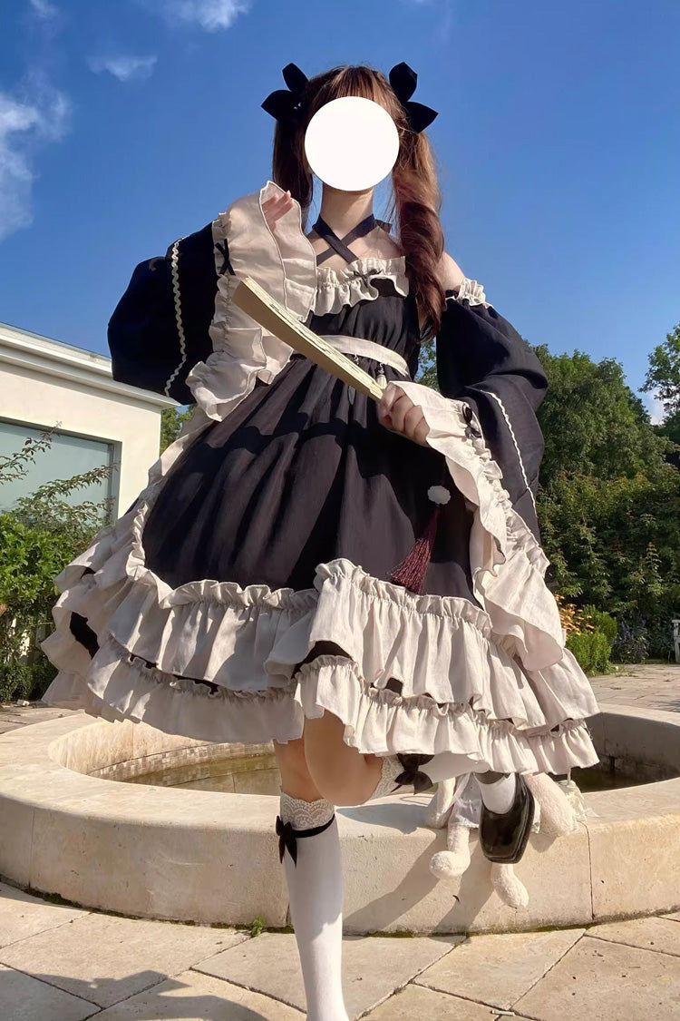 Black [Monet Estate] Sleeveless High Waisted Ruffle Bowknot Asymmetric Gothic Lolita Jsk Dress - Product - 20
