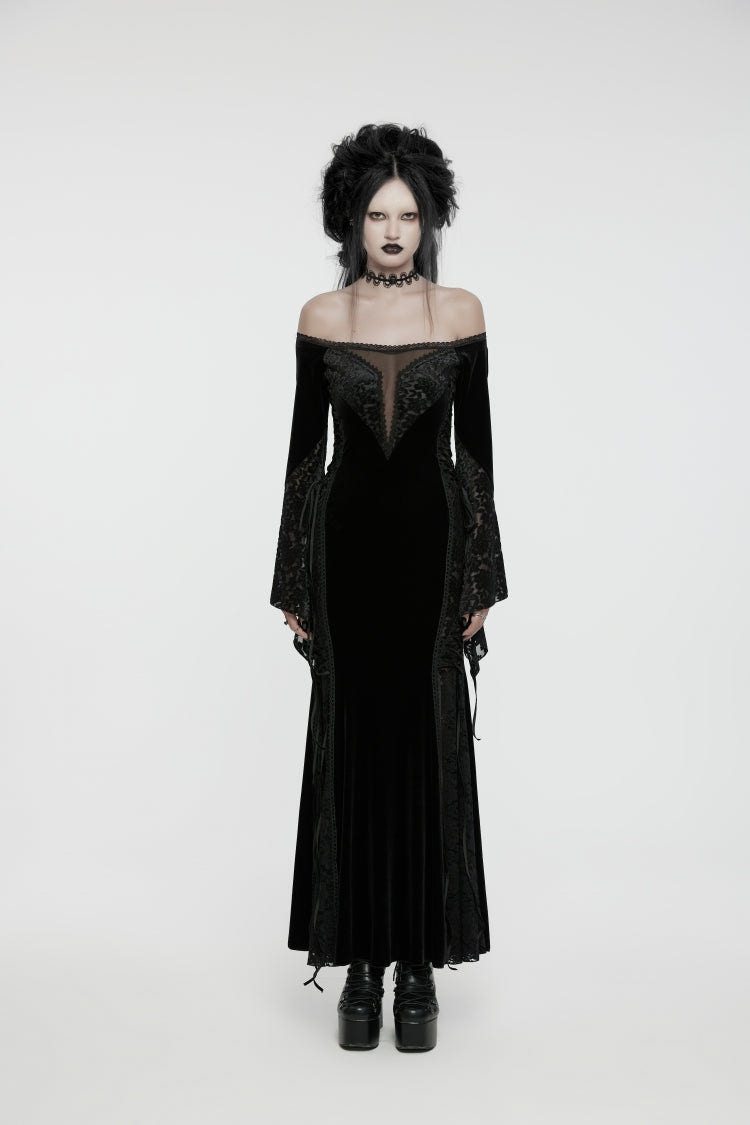 Black Off Shoulder Long Trumpet Sleeves Embroidered Spliced Lace Lace-Up Women's Gothic Gorgeous Palace Strapless Velvet Dress - Product - 2