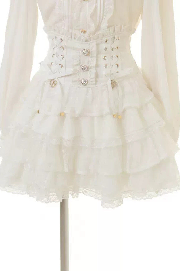 Sweet Jirai Kei Triple-Layered Ruffled Lace Lace-Up Skirt 3 Colors - White - 2