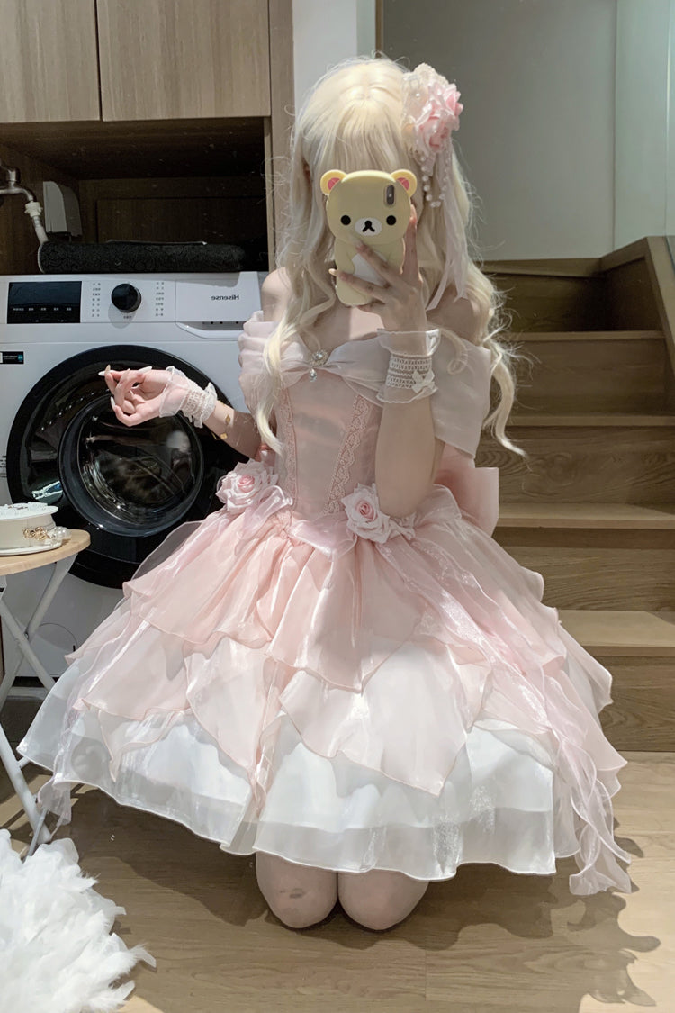 [Heartbeat] Off Shoulder Multi-Layered Ruffle Bowknot Lace Princess Gorgeous Dream Sweet Lolita Dress 2 Colors - Product - 5