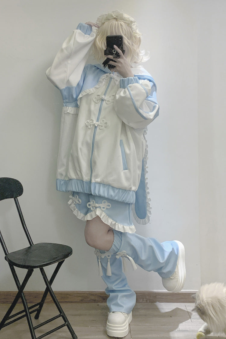 White/Blue Rabbit Ears Long Sleeves Ruffle Hooded Jirai Kei Japanese Coat - Product - 6