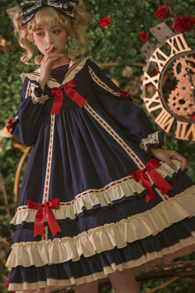 Court Style Long Sleeves High Waisted Bowknot Ruffled Multi-Layer Classic Lolita Op Dress - blue - 6