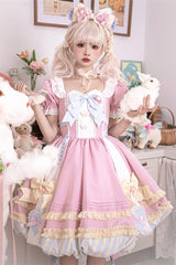 Pink Short Sleeves Multi-Layered Ruffle Bowknot Sweet Princess Lolita Dress Full Set - Pink - 1