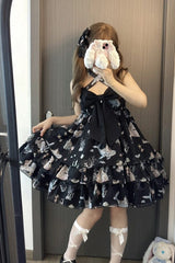 [Ocean Sweetheart] Halterneck Sleeveless Triple-Layered Printed Ruffled Bow Lace Sweet Lolita Strap Dress 5 Colors - Product - 13