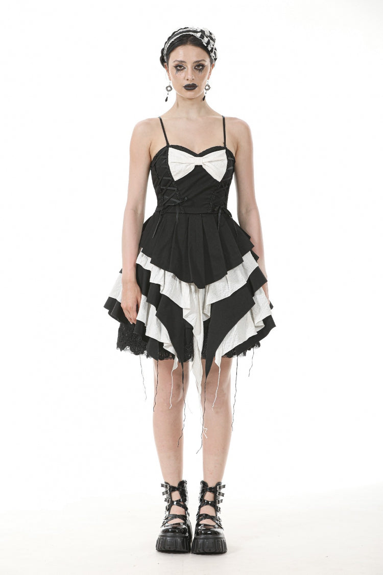 Black/White Sleeveless Multi-Layered Ruffled Bowknot Women's Gothic Slip Dress - Product - 5