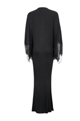 Black Deep V Neck Bat Sleeve Chest Appliqu Lace Bead Buckle Connection Small Fishtail Long Women's Gothic Dress - Product - 8