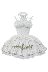 Light Green Halterneck Double-Layered Jacquard Ruffle Bowknot Lace Sweet Ballet Lolita Jsk Dress - Product - 6