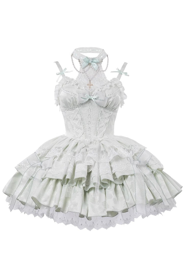 Light Green Halterneck Double-Layered Jacquard Ruffle Bowknot Lace Sweet Ballet Lolita Jsk Dress - Product - 6