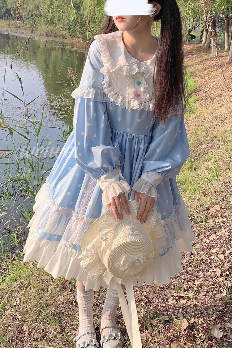 Toffee Bobo Long Sleeves Double Layer Print Ruffle Sweet Lolita Dress 2 Colors - Blue - 18