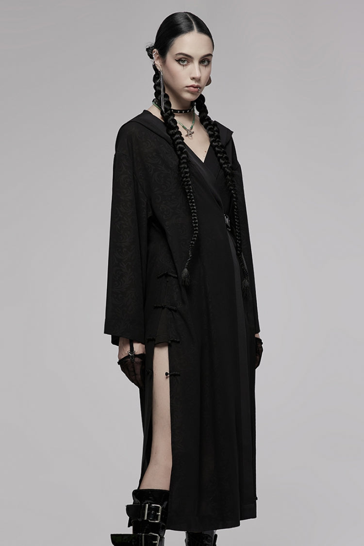 Black Dark Pattern Print Hooded Women's Gothic Coat - Product - 3