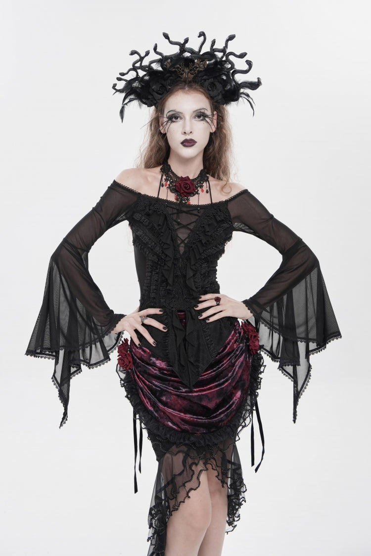 Black Off Shoulder Long Trumpet Sleeves Ruffled Embroidered Lace-Up Women's Gothic Blouse - Black - 1