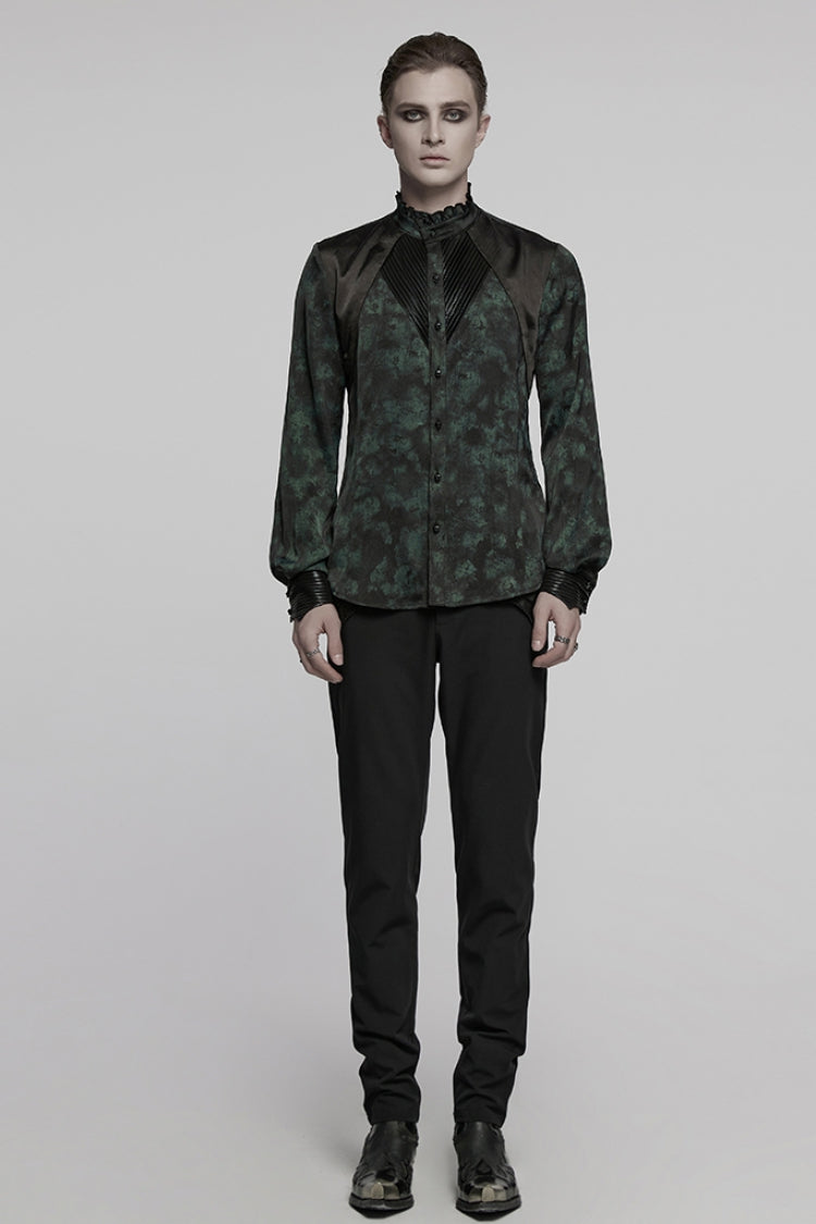 Black/Green Stand Collar Long Sleeves Ruffle Pleated Men's Gothic Blouse - Product - 4
