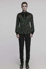 Black/Green Stand Collar Long Sleeves Ruffle Pleated Men's Gothic Blouse - Product - 4