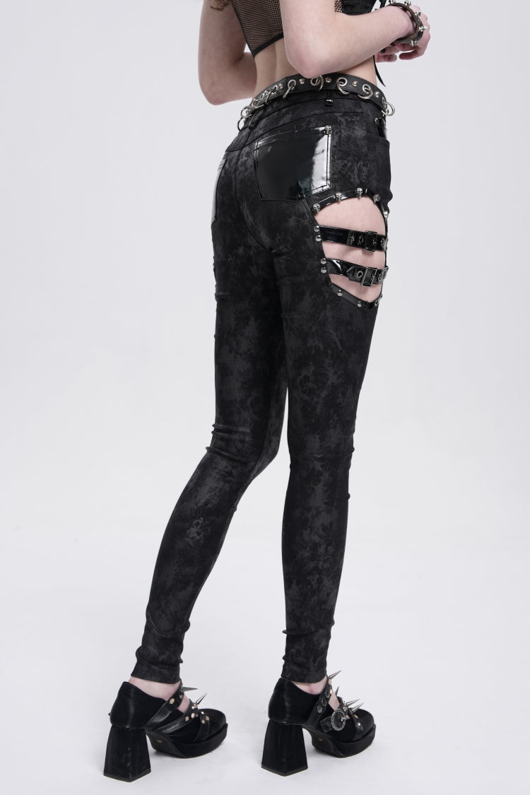 Black Print Cutout Buckle Women's Gothic Pants - Product - 8