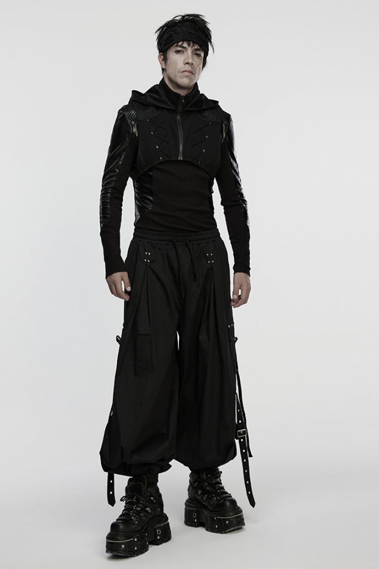 Black Stand Collar Sleeveless Hooded Zipper Men's Punk Vest - Product - 4