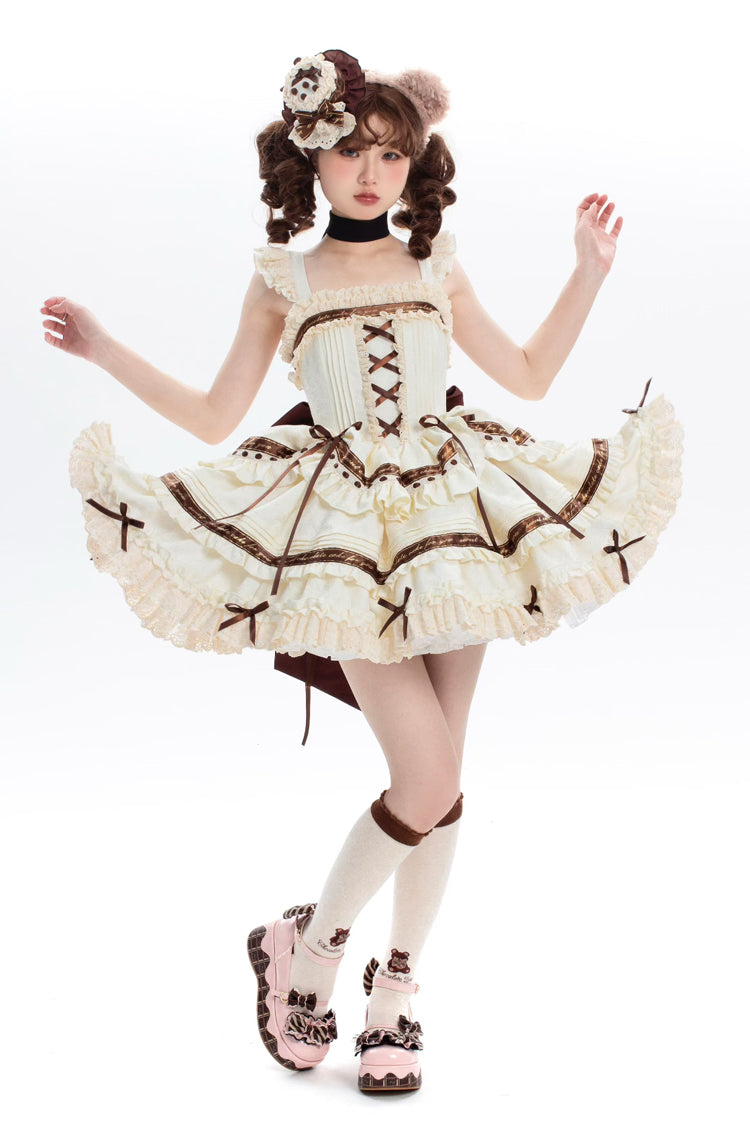 Ivory Chocolate Sleeveless Double-Layered Ruffle Bowknot Sweet Plus Size Lolita Jsk Dress - Ivory - 1