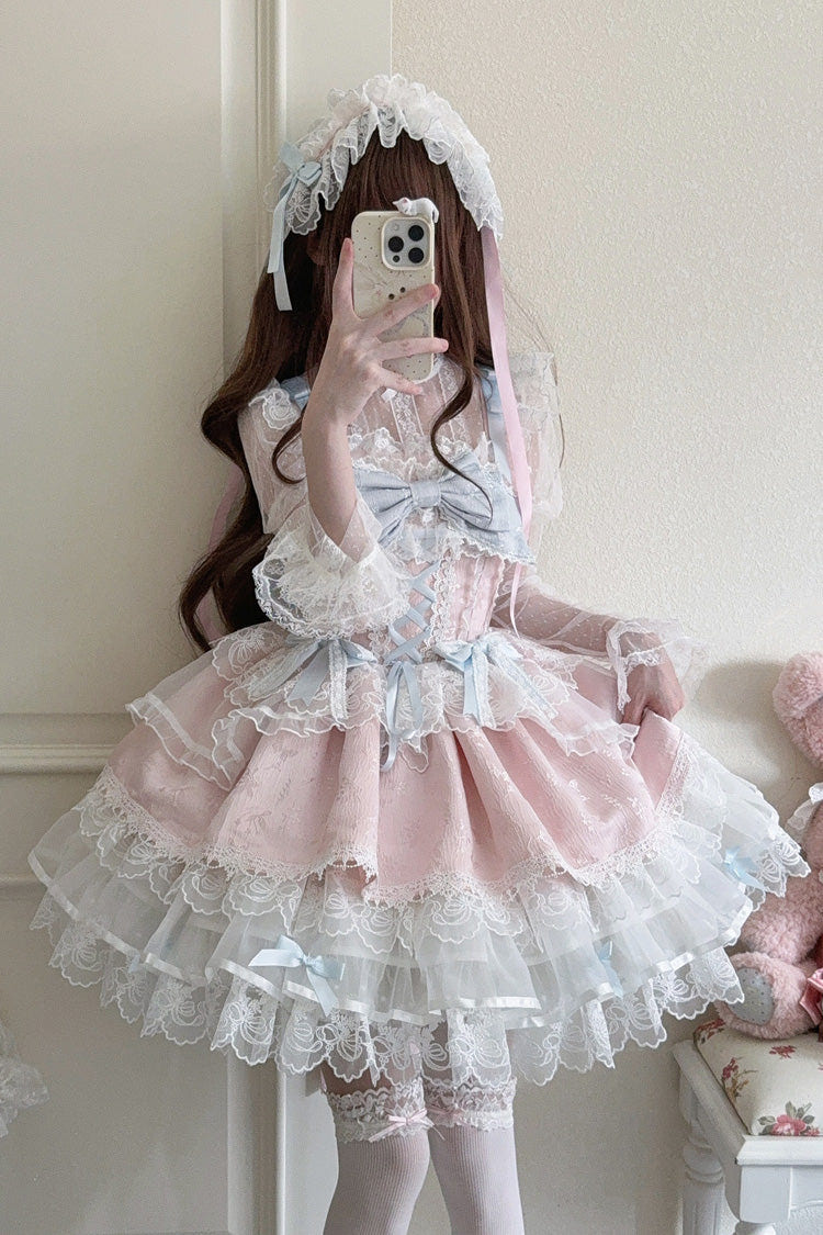 Pink [Fleishi Island] Sleeveless Ruffle Bowknot Lace Slim Sweet Ballet Lolita Jsk Dress - Pink - 1