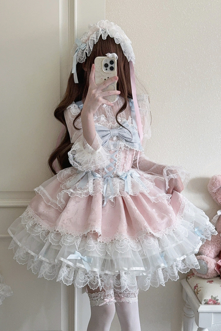 Pink [Fleishi Island] Sleeveless Ruffle Bowknot Lace Slim Sweet Ballet Lolita Jsk Dress - Pink - 1