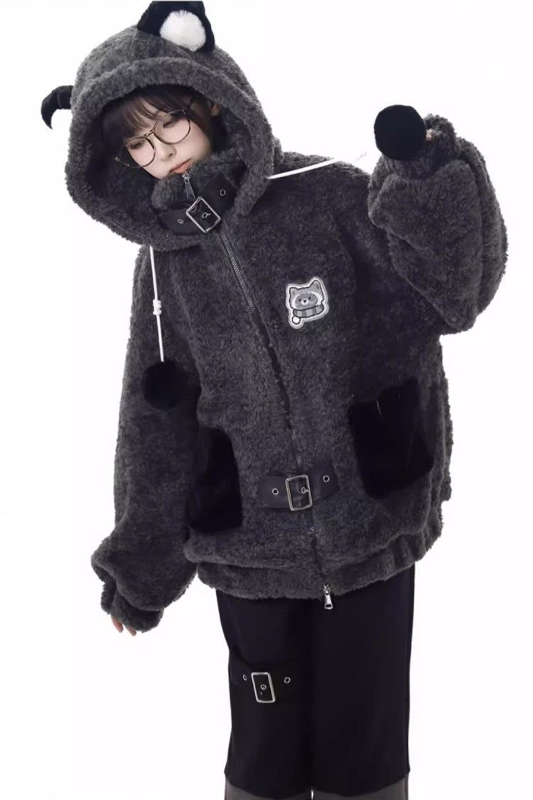 Black/Grey [Little Hibernating Bear] Long Sleeves Hooded Zippered Sweet Lolita Coat and Pants Set - Product - 5