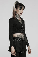 Black Gothic Super Cool Slim Fit Strap Sexy Cropped Pullover Long Sleeve Women's Polo Tee - Product - 2