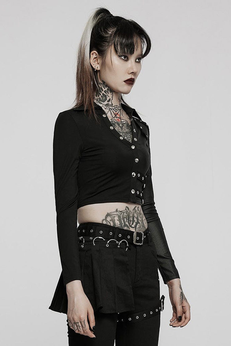 Black Gothic Super Cool Slim Fit Strap Sexy Cropped Pullover Long Sleeve Women's Polo Tee - Product - 2