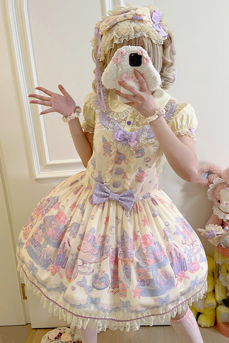 Cream Soda Mermaid Print Light Yellow Bowknot Lace Sweet Lolita Strap Dress - Product - 3