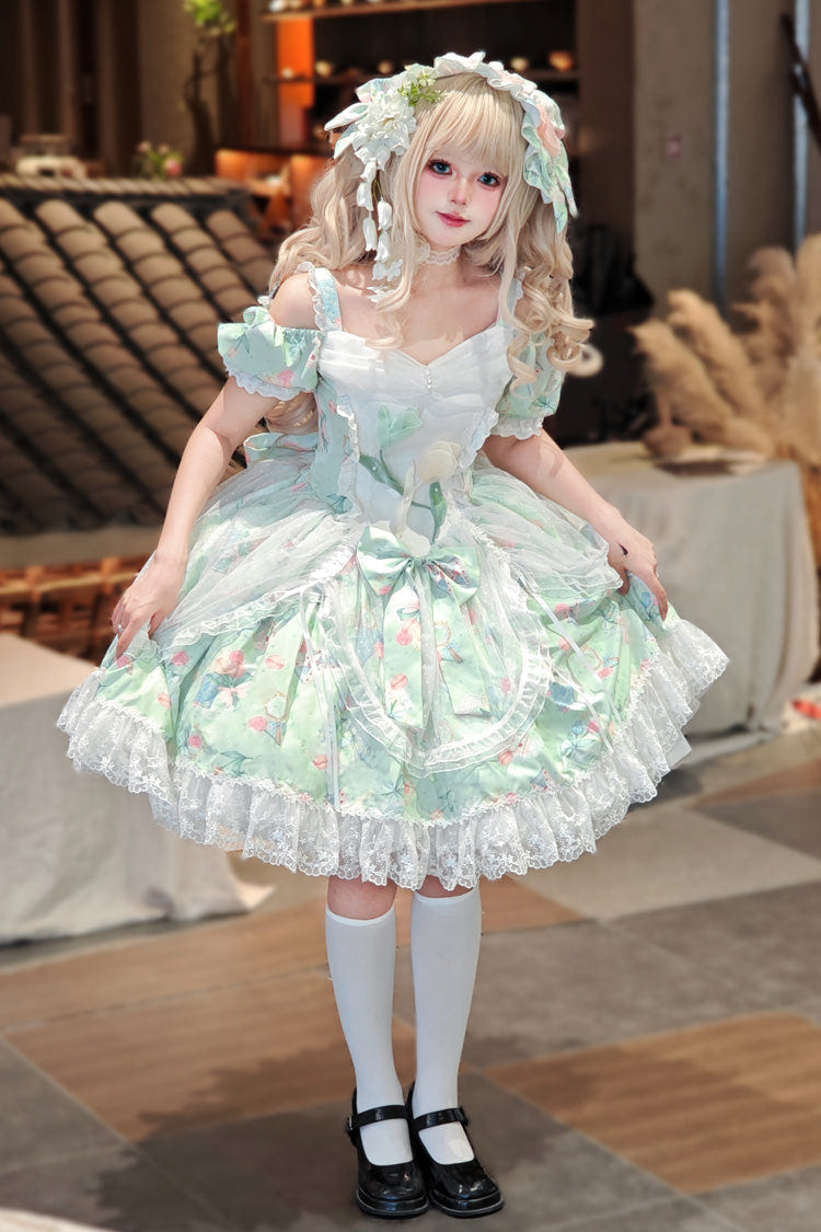 Green [Tulip's Letter] Off Shoulder Short Sleeves Print Ruffle Bowknot Lace Sweet Elegant Lolita Dress - Product - 3