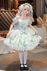 Green [Tulip's Letter] Off Shoulder Short Sleeves Print Ruffle Bowknot Lace Sweet Elegant Lolita Dress - Product - 3