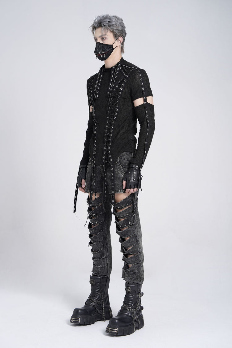 Black Long Sleeves Strap Lace-Up Irregular Mesh Men's Gothic T-Shirt - Product - 6