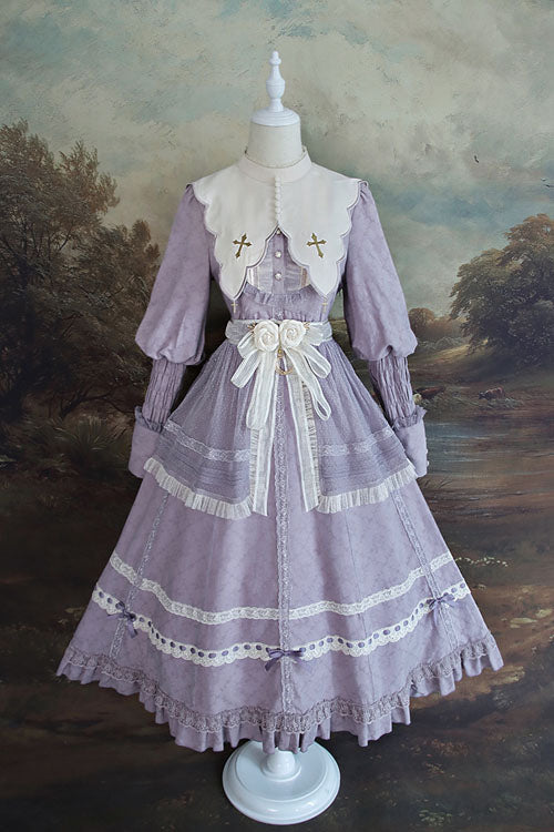 Purple Cross Dark Church Elegant Lace Long Sleeves Ruffled Classic Lolita OP Dress - Purple - 1