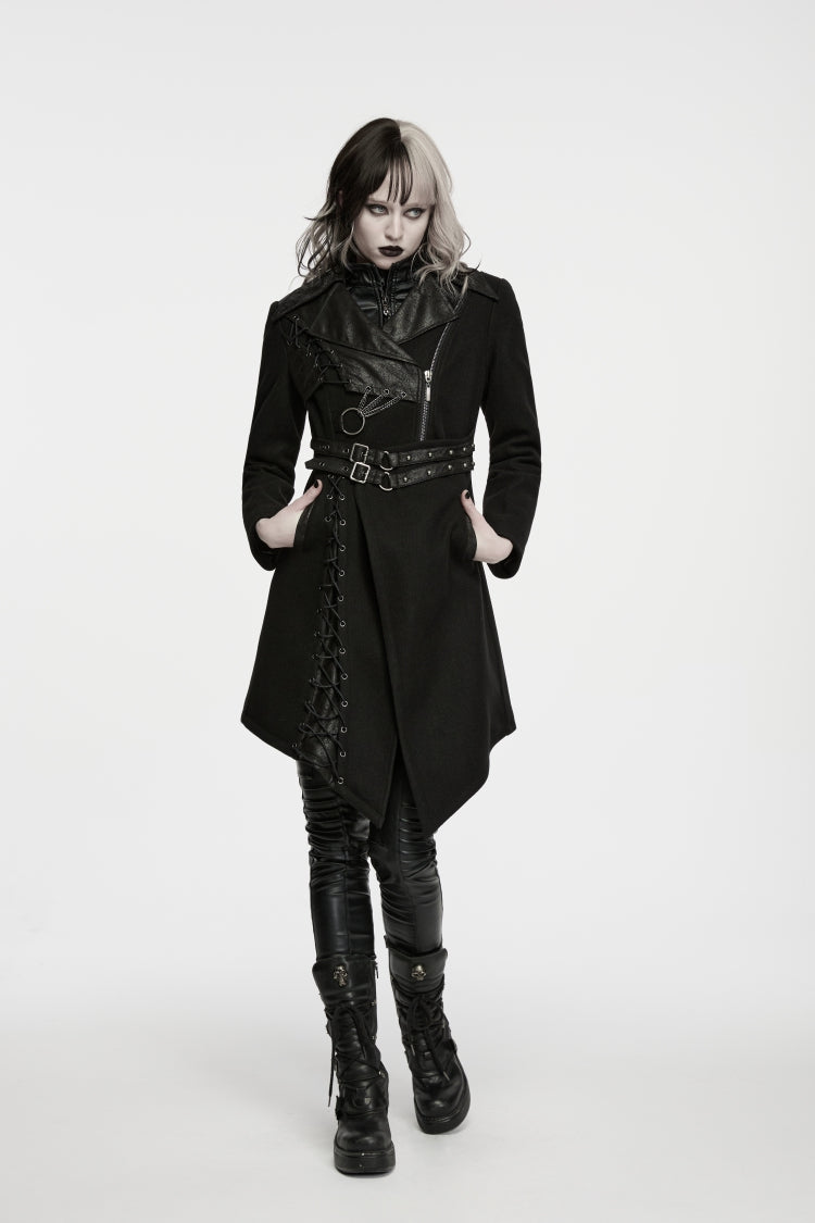 Black Lapel Collar Long Sleeves Patchwork Lace-Up Asymmetric Buckled Women's Punk Cool Coat - Product - 8