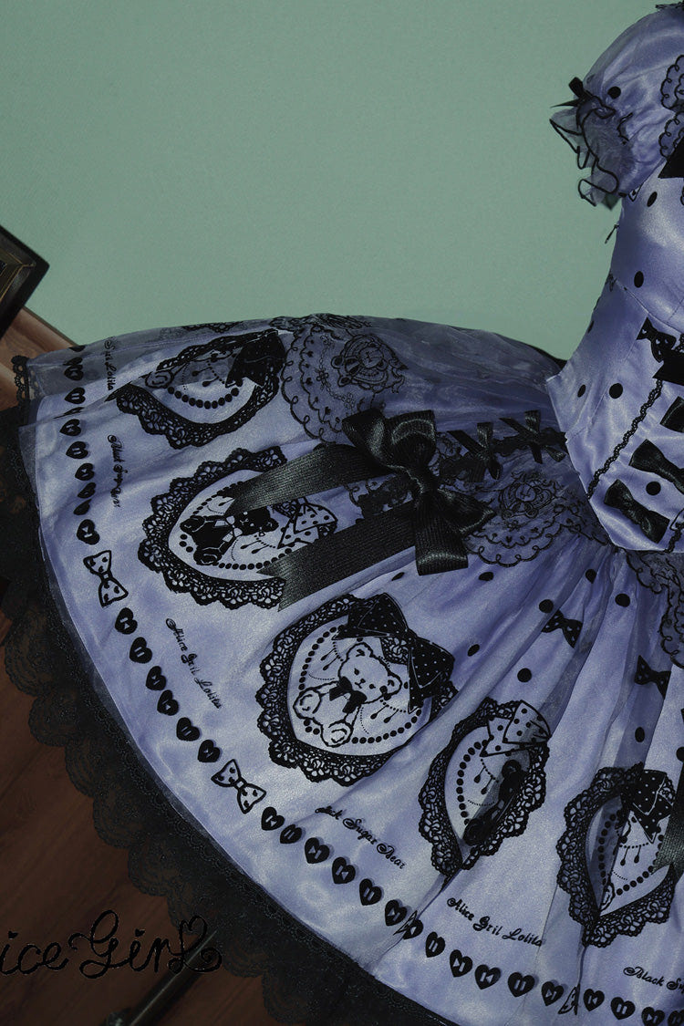 Purple [Sugar Bear] Square Collar Short Sleeves Embroidered Bow Sweet Lolita Dress (Bow Train Included) - Product - 8